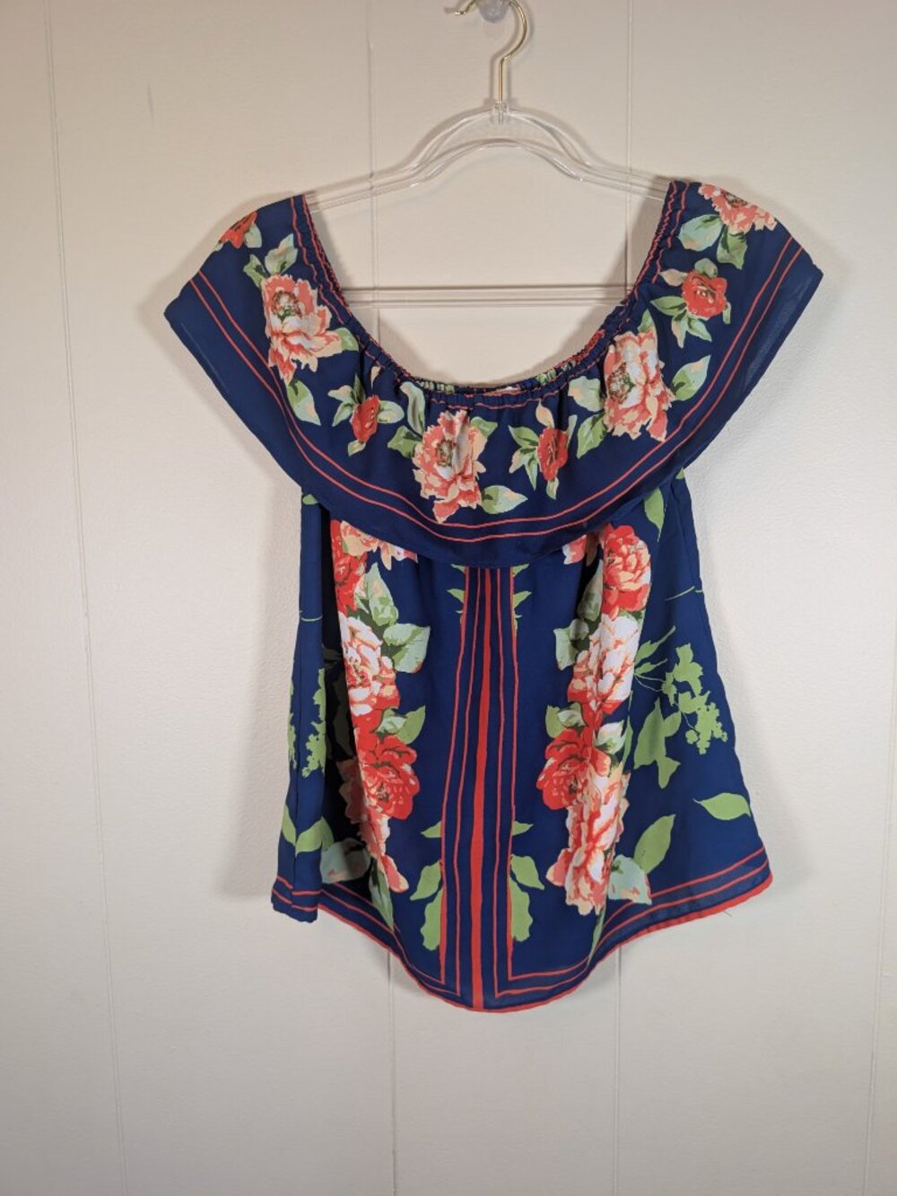 BOHO E&M Womens M Navy Floral Off Shoulder Peasant Blouse Cottagecore Top